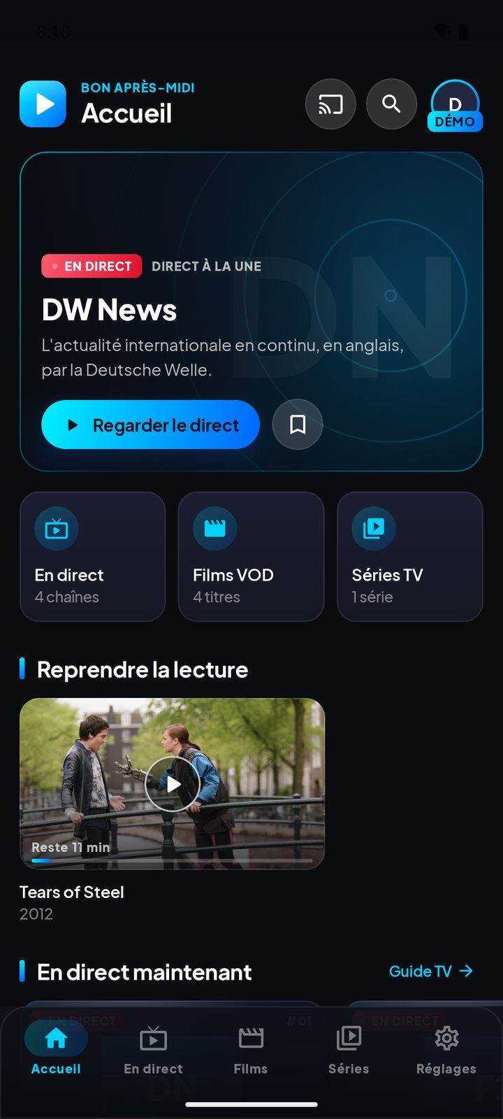 Écran d'accueil de l'application Livo View sur téléphone Android