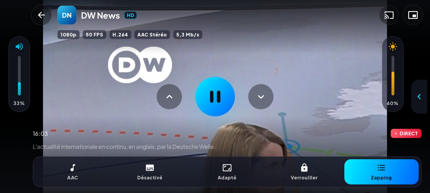 Lecteur plein écran d'une chaîne en direct dans l'application Livo View sur Android