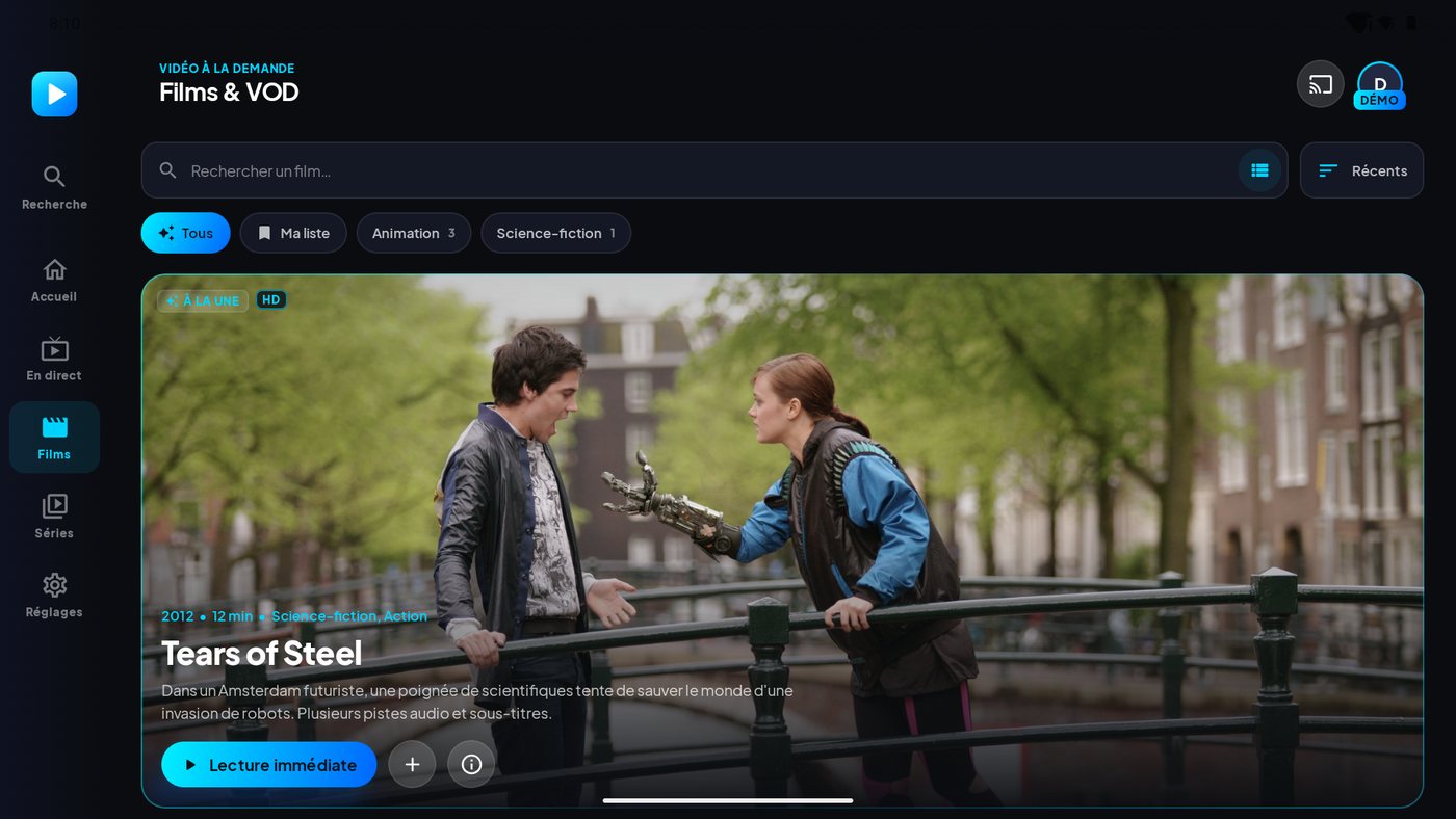 Catalogue de films de l'application Livo View sur tablette Android